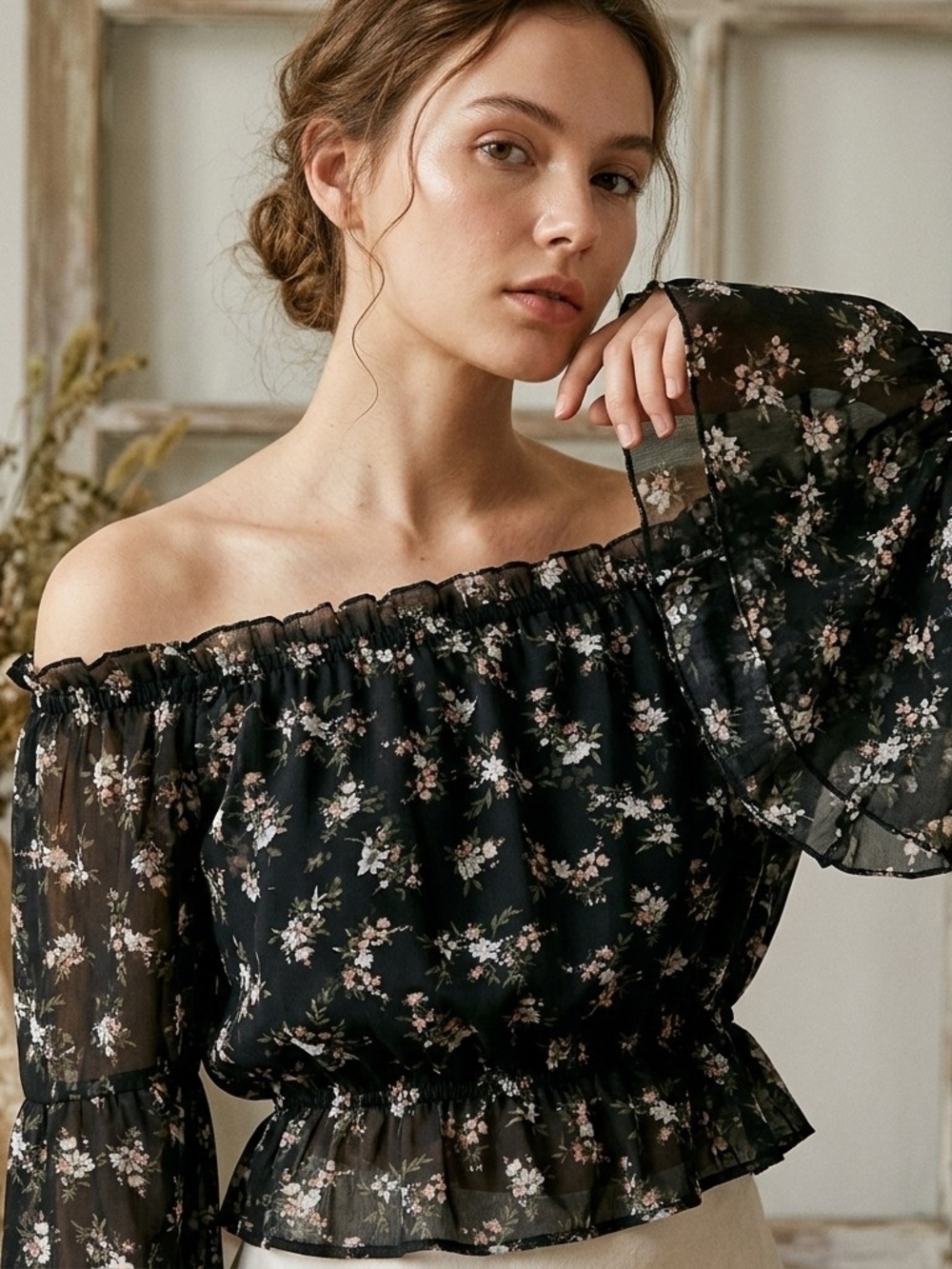 Ditsy Floral Off The Shoulder Blouse Asymmetrical Bell Sleeve Cottagecore Top M